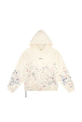 Wordmark Splatter Hoodie in Off-White, oversized fit with kangaroo pocket and silicone print.
