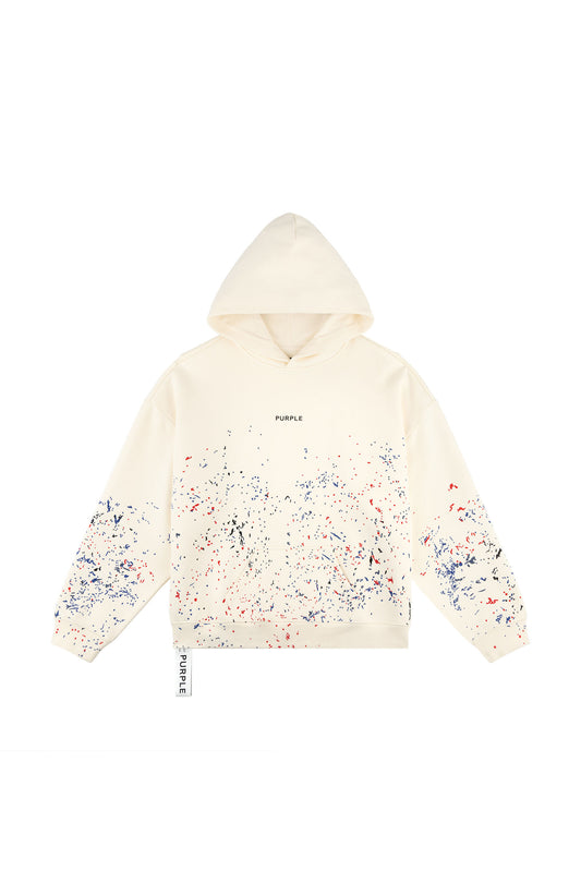 Wordmark Splatter Hoodie in Off-White, oversized fit with kangaroo pocket and silicone print.