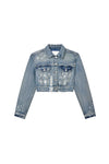 Paint Splatter Jacket, cropped length denim outerwear with front button closure and chest pockets.