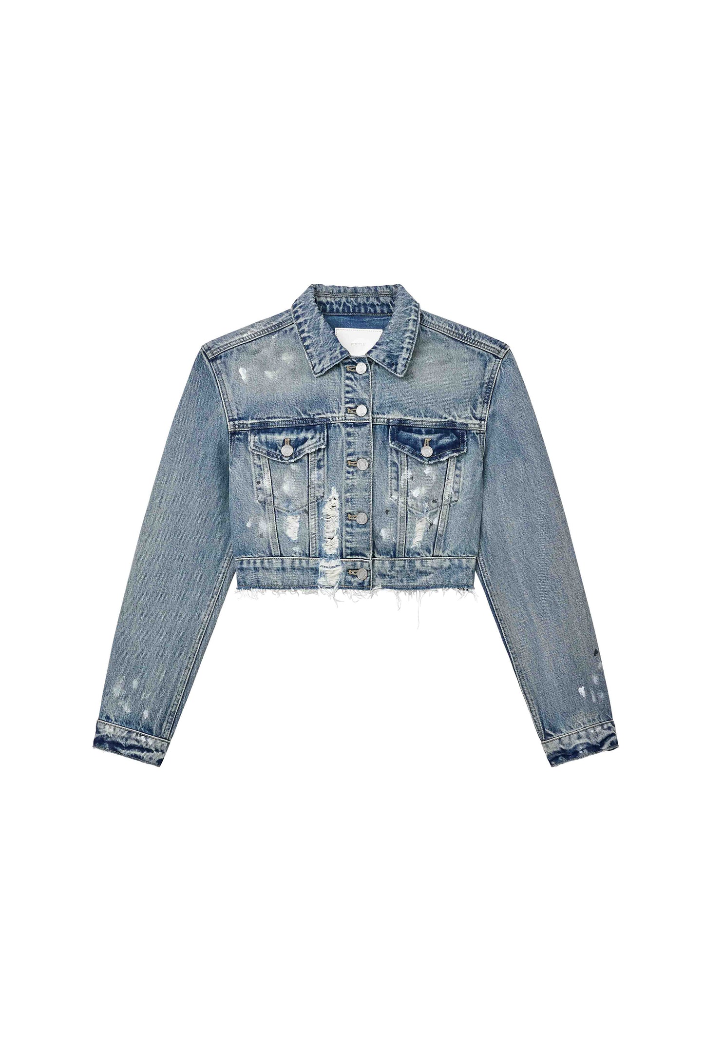 Paint Splatter Jacket, cropped length denim outerwear with front button closure and chest pockets.