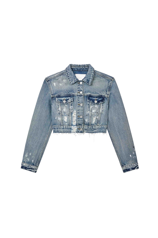 Paint Splatter Jacket, cropped length denim outerwear with front button closure and chest pockets.
