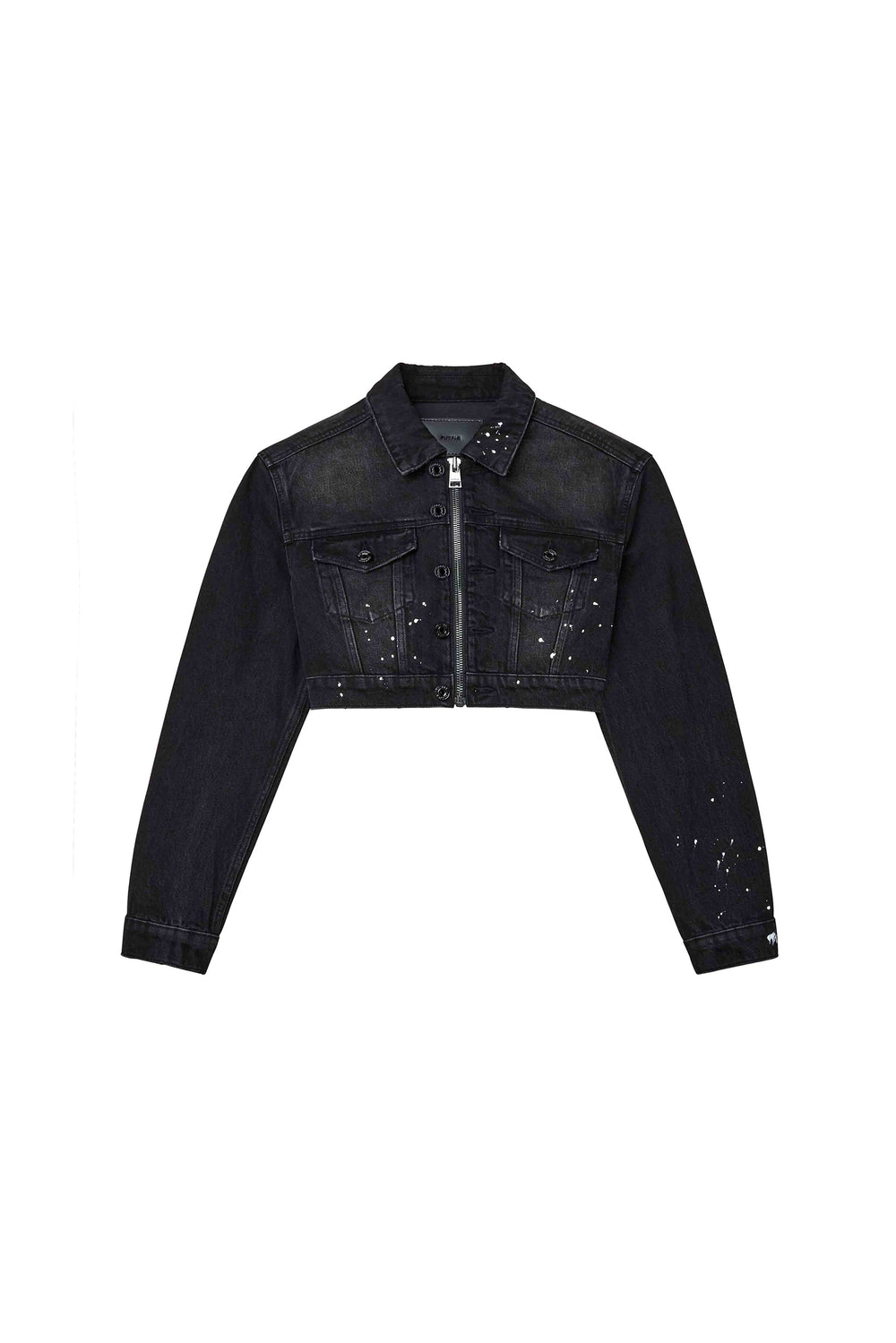 Paint Splatter Jacket, cropped denim outerwear, featuring regular fit and front zipper closure.