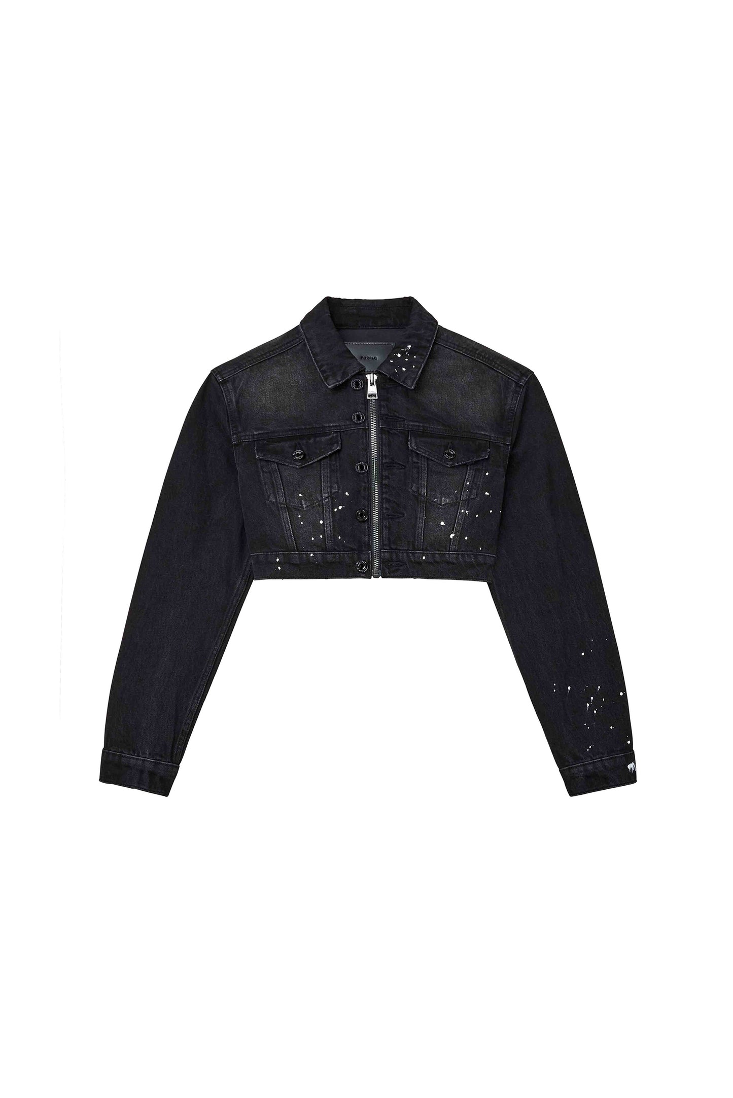 Paint Splatter Jacket, cropped denim outerwear, featuring regular fit and front zipper closure.