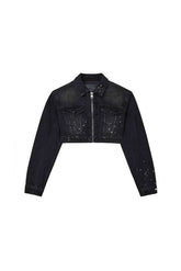 Paint Splatter Jacket, cropped denim outerwear, featuring regular fit and front zipper closure.