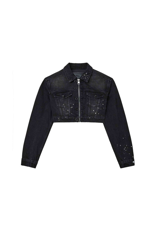 Paint Splatter Jacket, cropped denim outerwear, featuring regular fit and front zipper closure.