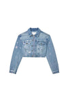 Monogram Jacket in light indigo, cropped denim outerwear with front zipper and chest pockets.