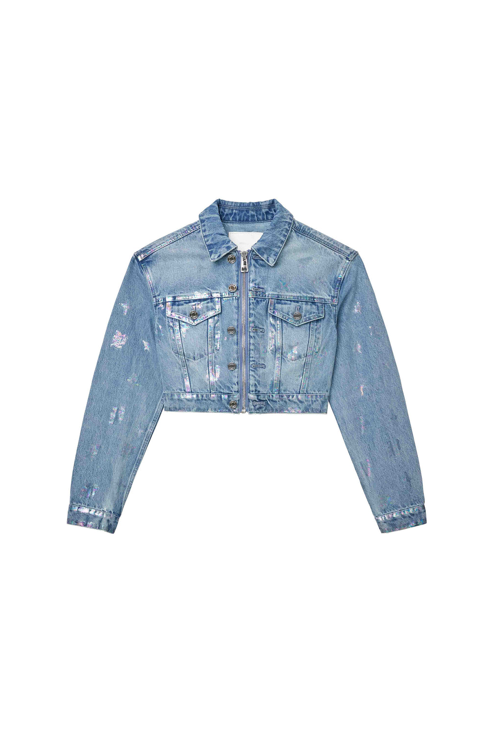 Monogram Jacket in light indigo, cropped denim outerwear with front zipper and chest pockets.
