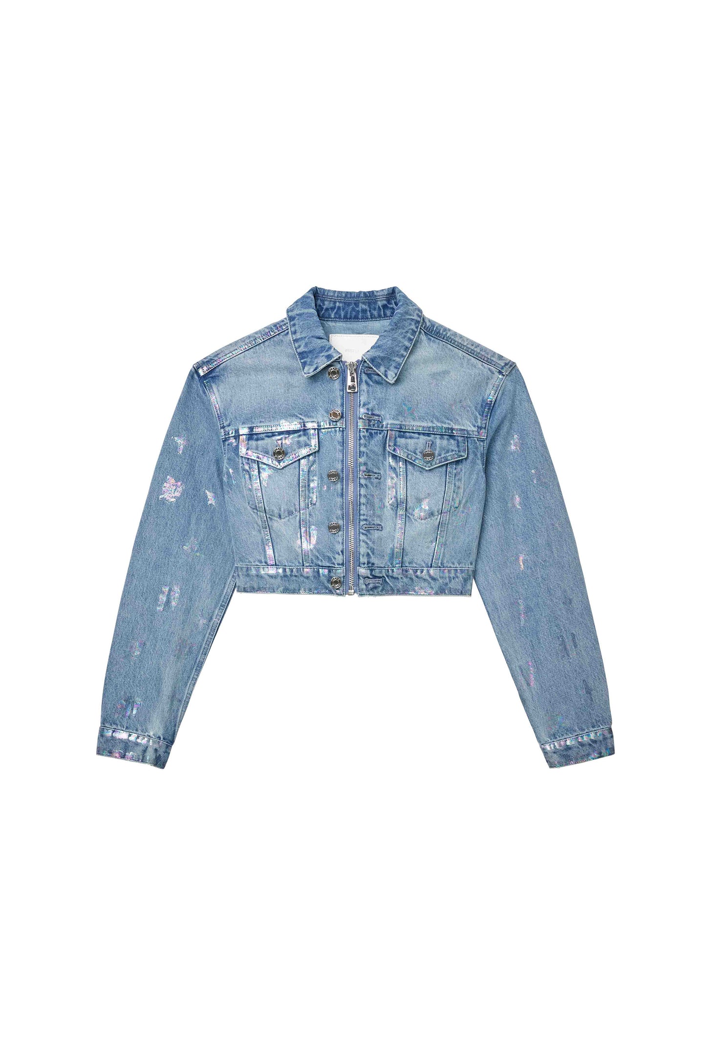 Monogram Jacket in light indigo, cropped denim outerwear with front zipper and chest pockets.