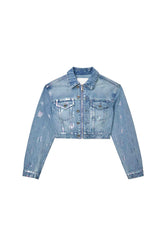 Monogram Jacket in light indigo, cropped denim outerwear with front zipper and chest pockets.