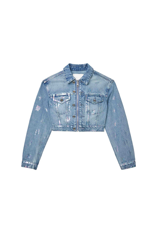 Monogram Jacket in light indigo, cropped denim outerwear with front zipper and chest pockets.