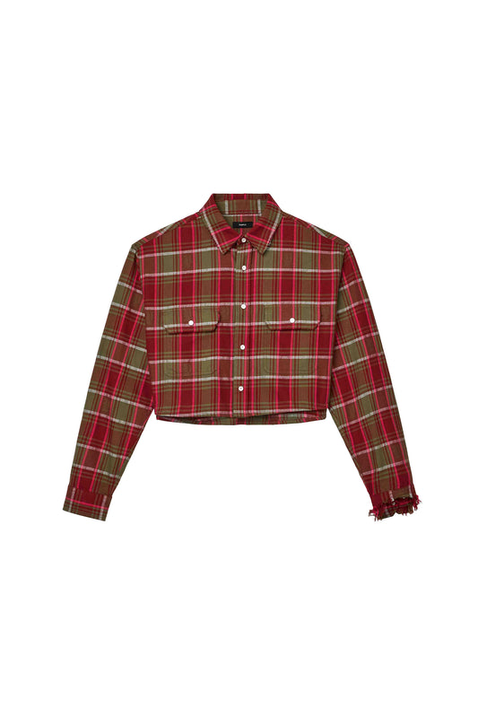 Gothic Plaid Shirt in red with relaxed fit and reflective print logo design.