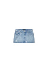 Monogram Mini Skirt in reflective light indigo with low rise and front zipper fly.