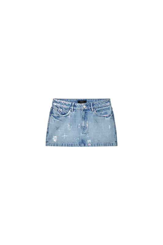 Monogram Mini Skirt in reflective light indigo with low rise and front zipper fly.