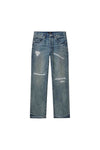 P011 Vintage Repair mid-rise straight leg denim in light indigo with rip and repair details.