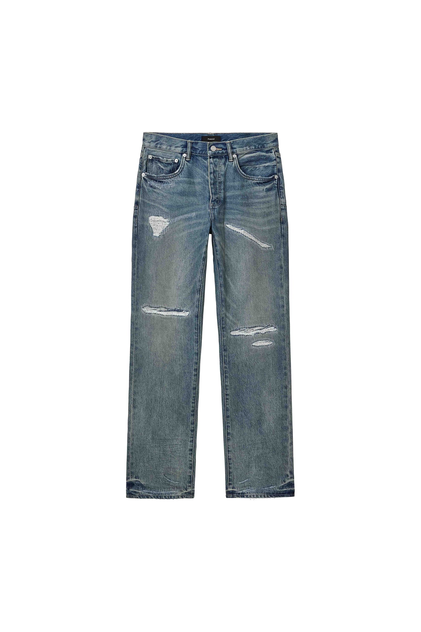 P011 Vintage Repair mid-rise straight leg denim in light indigo with rip and repair details.