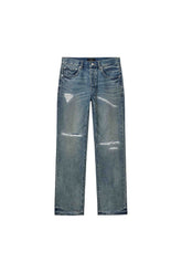 P011 Vintage Repair mid-rise straight leg denim in light indigo with rip and repair details.