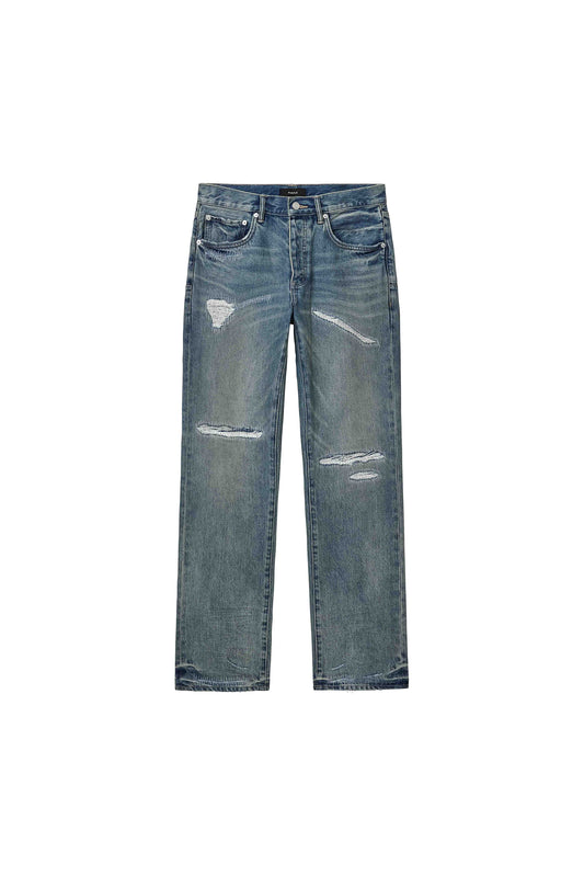 P011 Vintage Repair mid-rise straight leg denim in light indigo with rip and repair details.