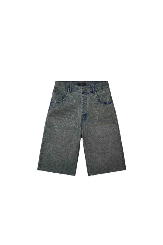 P070 Radial Hotfix Short with starburst crystals, light indigo, wide leg, and raw cut off hem.