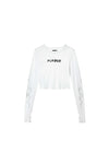 Half & Half Flames Long Sleeve Cropped Tee in brilliant white with screen print and iridescent foil.