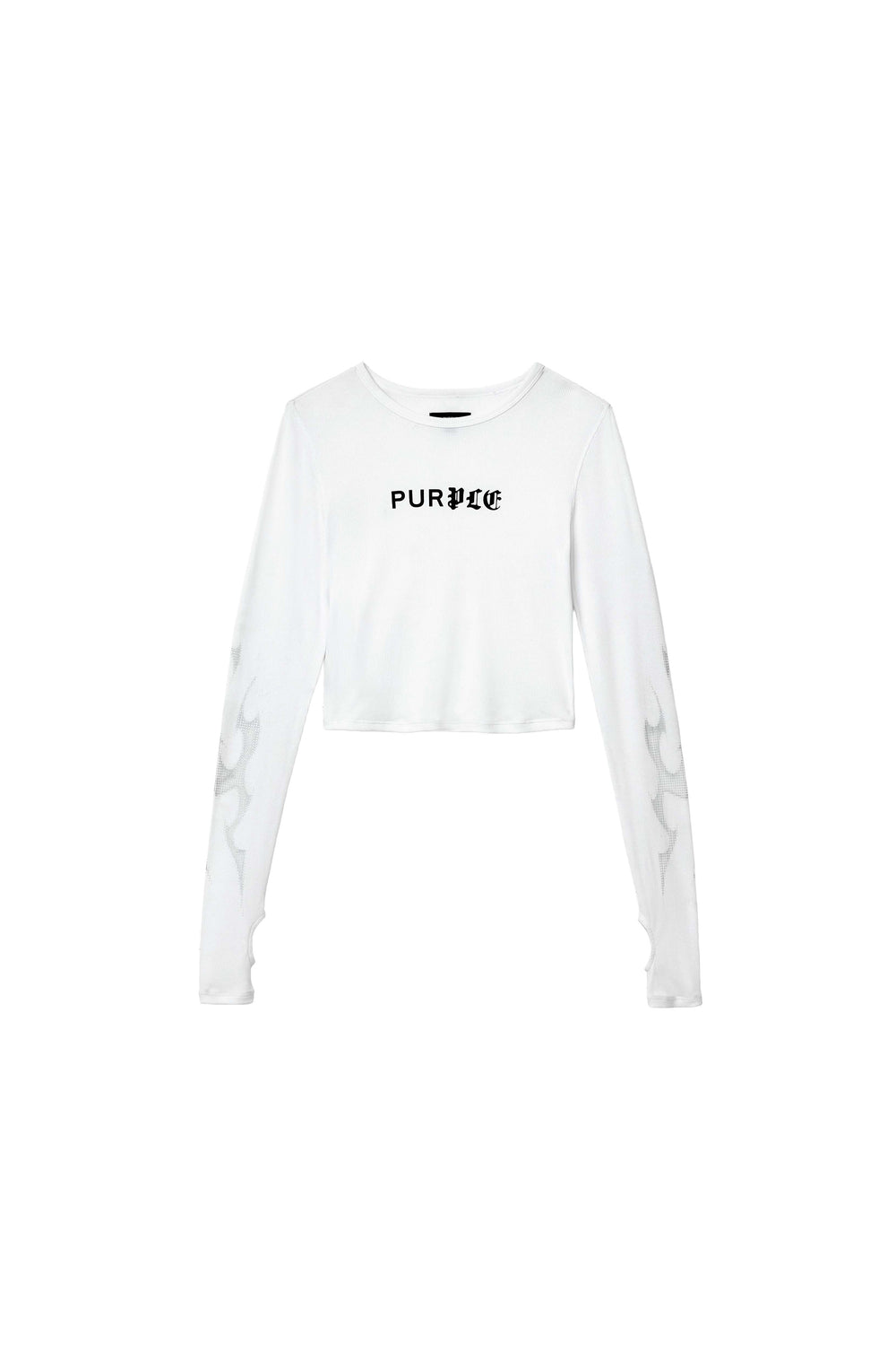 Half & Half Flames Long Sleeve Cropped Tee in brilliant white with screen print and iridescent foil.