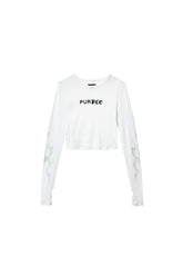 Half & Half Flames Long Sleeve Cropped Tee in brilliant white with screen print and iridescent foil.