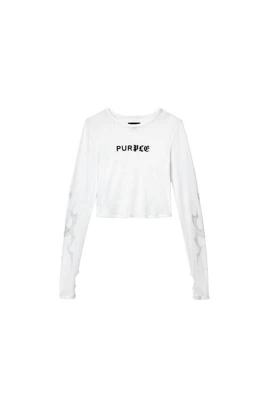 Half & Half Flames Long Sleeve Cropped Tee in brilliant white with screen print and iridescent foil.