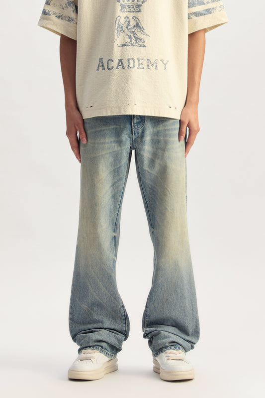 P026 Vintage Green Cast denim, mid-rise bootcut style, available in sizes 28 to 40.