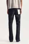 Black coated denim, low rise slim fit with flared leg, available in various sizes.