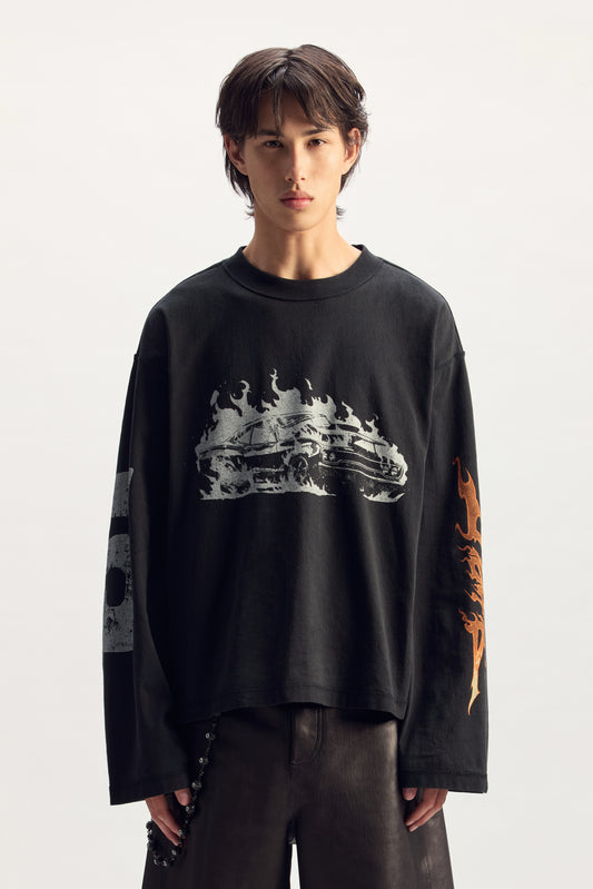 Burnt Out Long Sleeve tee, textured jersey, oversized fit, 100% cotton, acid wash finish