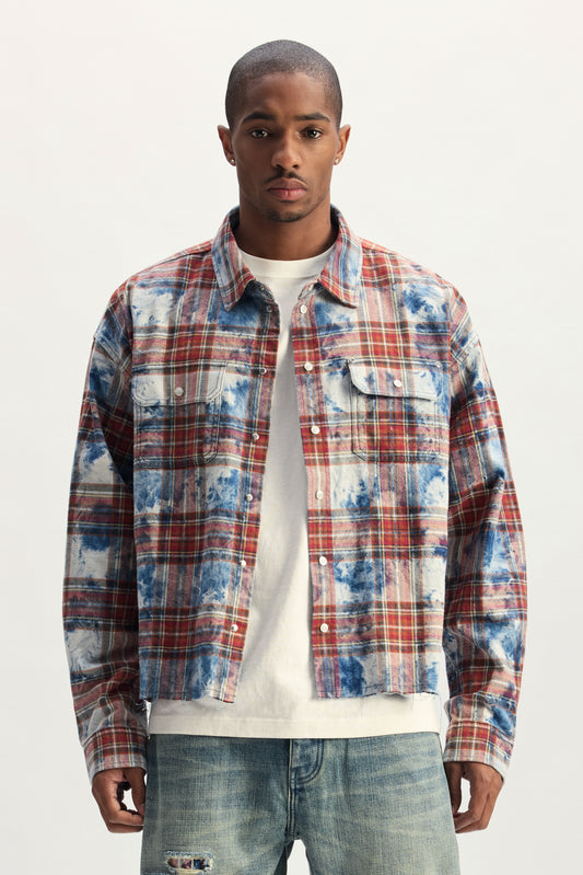 Embellished Flannel Shirt with front chest pockets and raw cut off hem, bleached color.