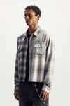 Gothic Wordmark Plaid Shirt, cotton yarn dyed, relaxed fit, half & half plaid combination
