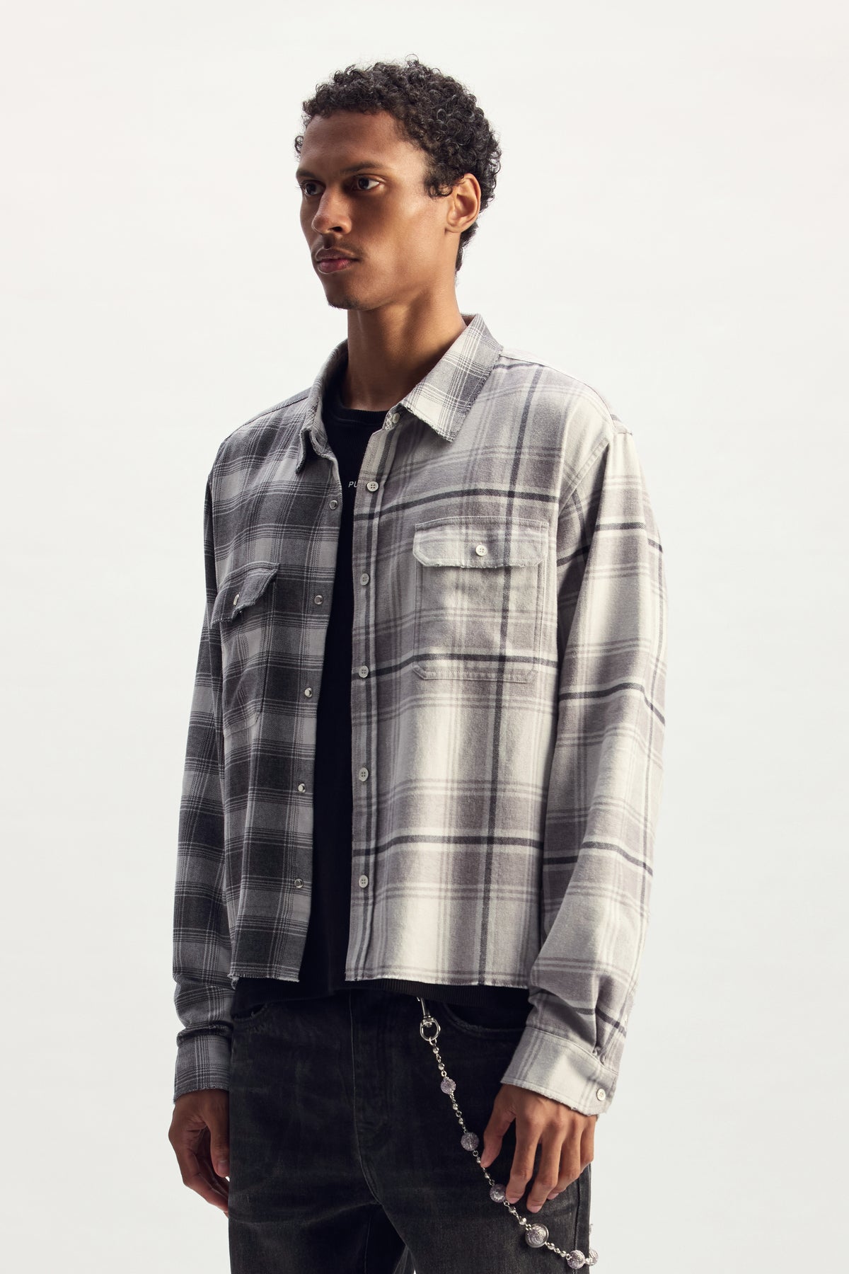 Gothic Wordmark Plaid Shirt, cotton yarn dyed, relaxed fit, half & half plaid combination