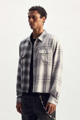 Gothic Wordmark Plaid Shirt, cotton yarn dyed, relaxed fit, half & half plaid combination