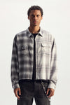 Gothic Wordmark Plaid Shirt, relaxed fit, cotton yarn dyed plaid, half & half plaid combination