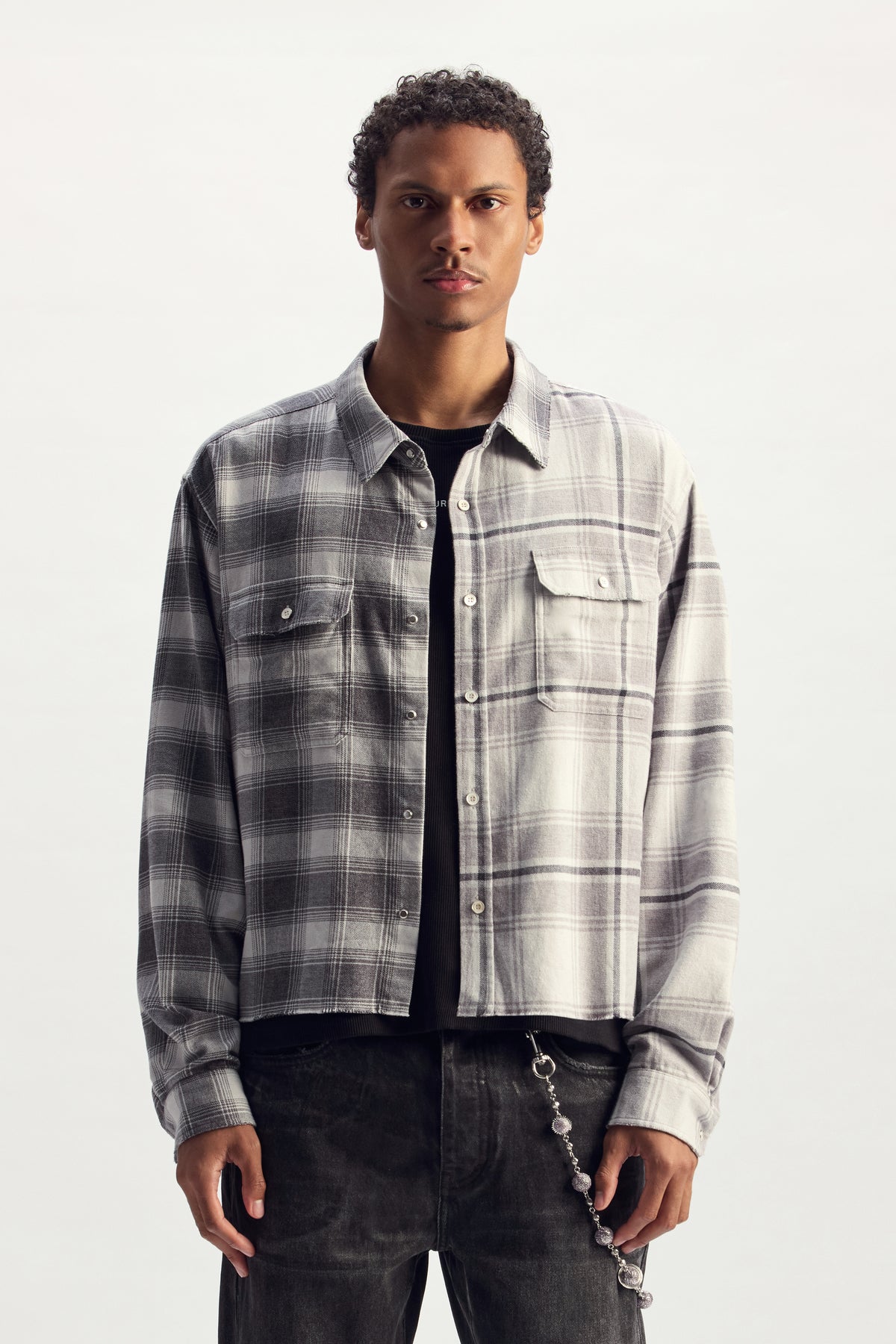 Gothic Wordmark Plaid Shirt, relaxed fit, cotton yarn dyed plaid, half & half plaid combination