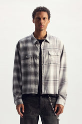 Gothic Wordmark Plaid Shirt, relaxed fit, cotton yarn dyed plaid, half & half plaid combination