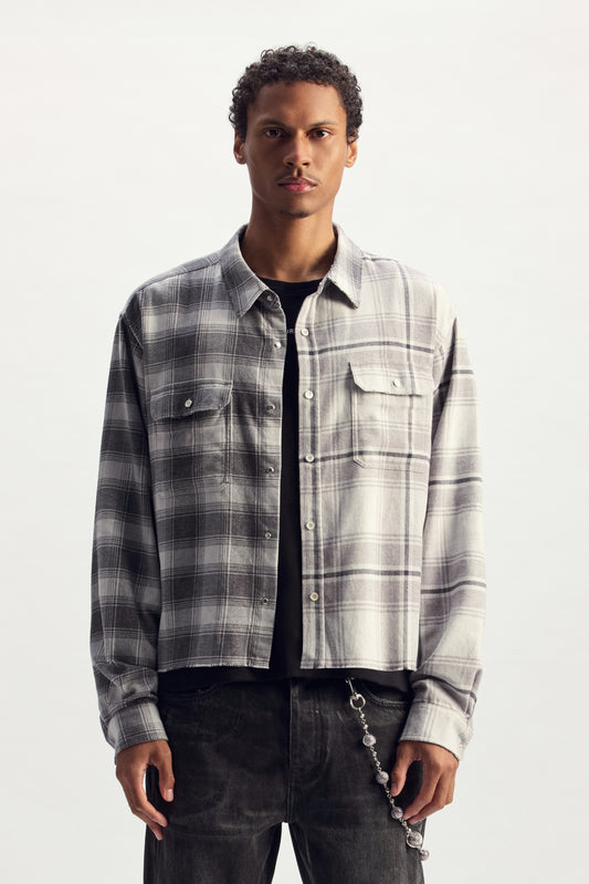 Gothic Wordmark Plaid Shirt, relaxed fit, cotton yarn dyed plaid, half & half plaid combination