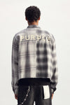 Gothic Wordmark Plaid Shirt in gray with relaxed fit and half & half plaid combination