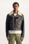 Foil Wordmark Leather Moto Jacket in relaxed fit, made from 100% cow skin, available in various sizes.