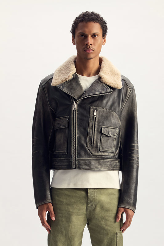 Foil Wordmark Leather Moto Jacket in relaxed fit, made from 100% cow skin, available in various sizes.