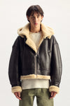 Foil Wordmark Shearling Jacket with detachable hood in relaxed fit, made of 100% sheepskin.