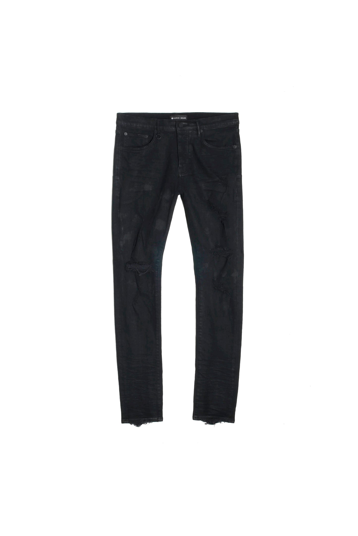 P001 low rise skinny jeans in black with oil spill detailing and classic five pocket styling