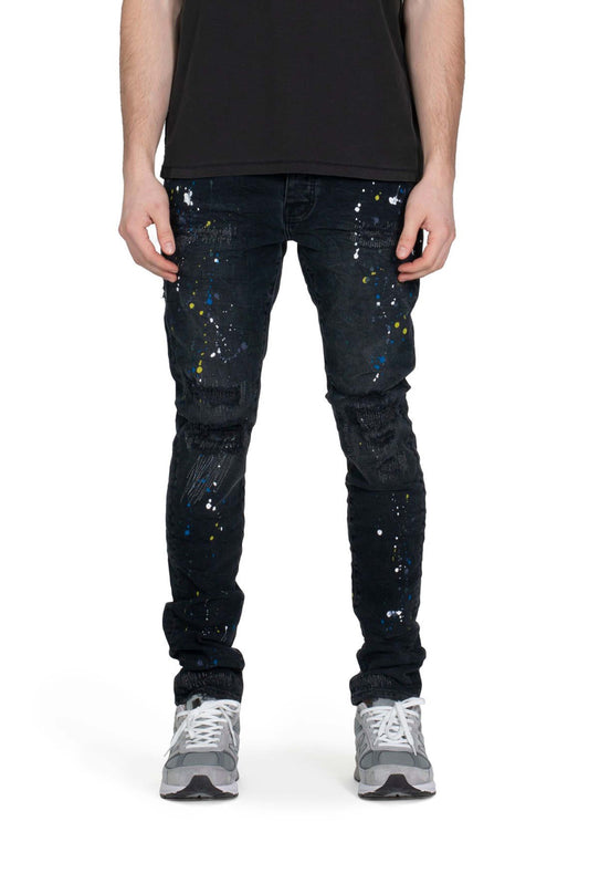 P001 LOW RISE SKINNY JEAN - Black Reflective Repair with Paint