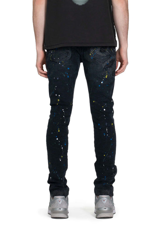 P001 LOW RISE SKINNY JEAN - Black Reflective Repair with Paint