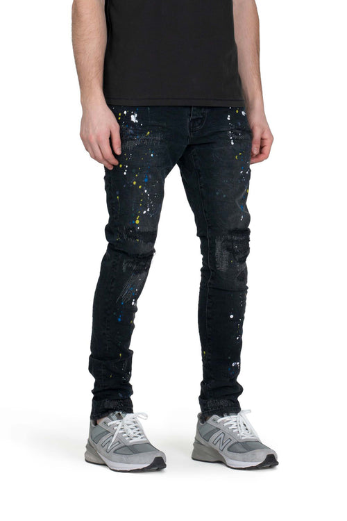 P001 LOW RISE SKINNY JEAN - Black Reflective Repair with Paint