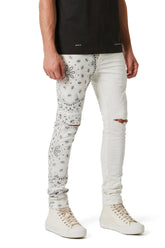 P001 Low Rise Skinny Pant Corduroy Bandana Print Ecru with lined pockets and button fly