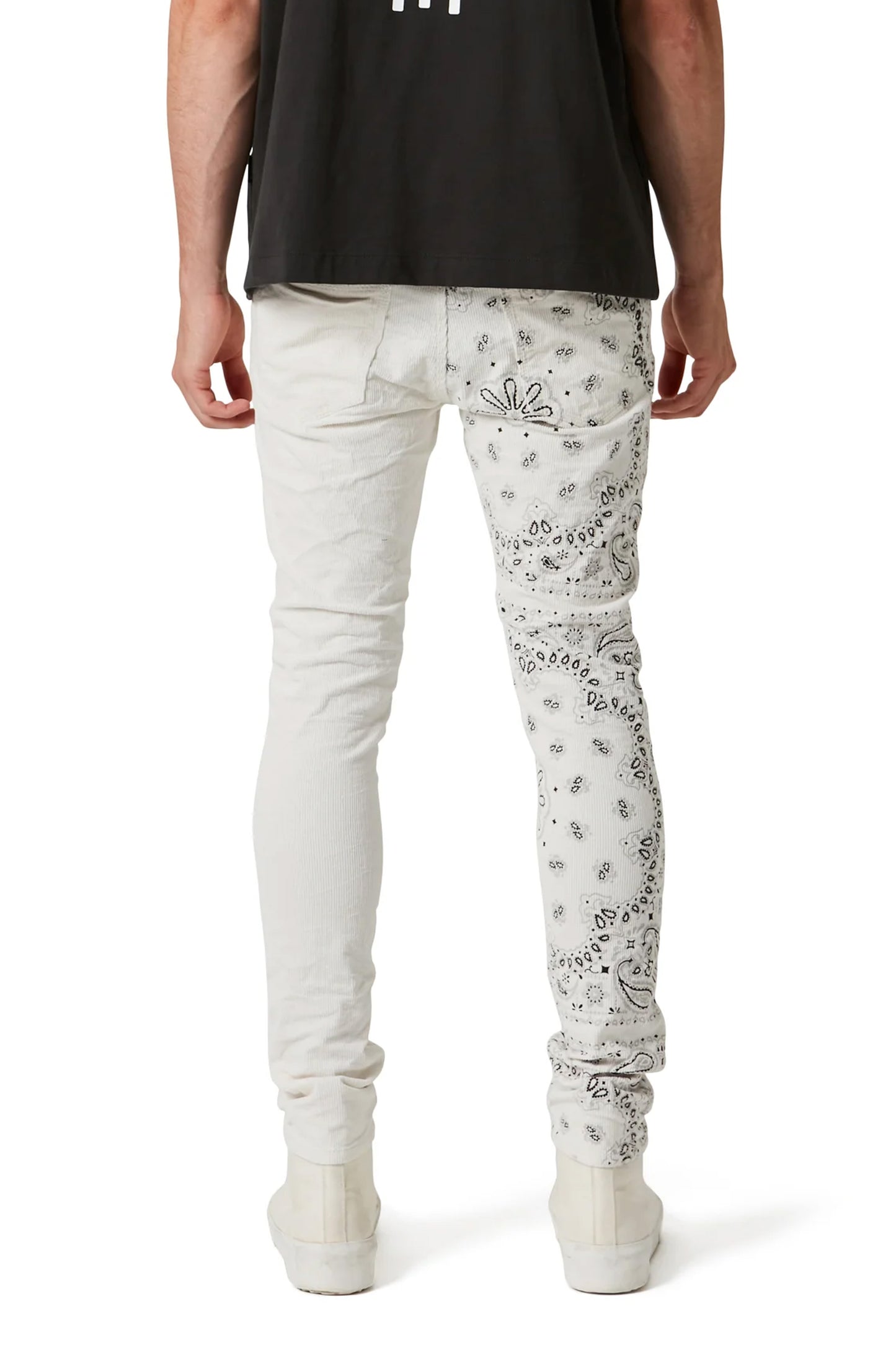 P001 Low Rise Skinny Pant Corduroy Bandana Print Ecru with button fly and lined back pockets
