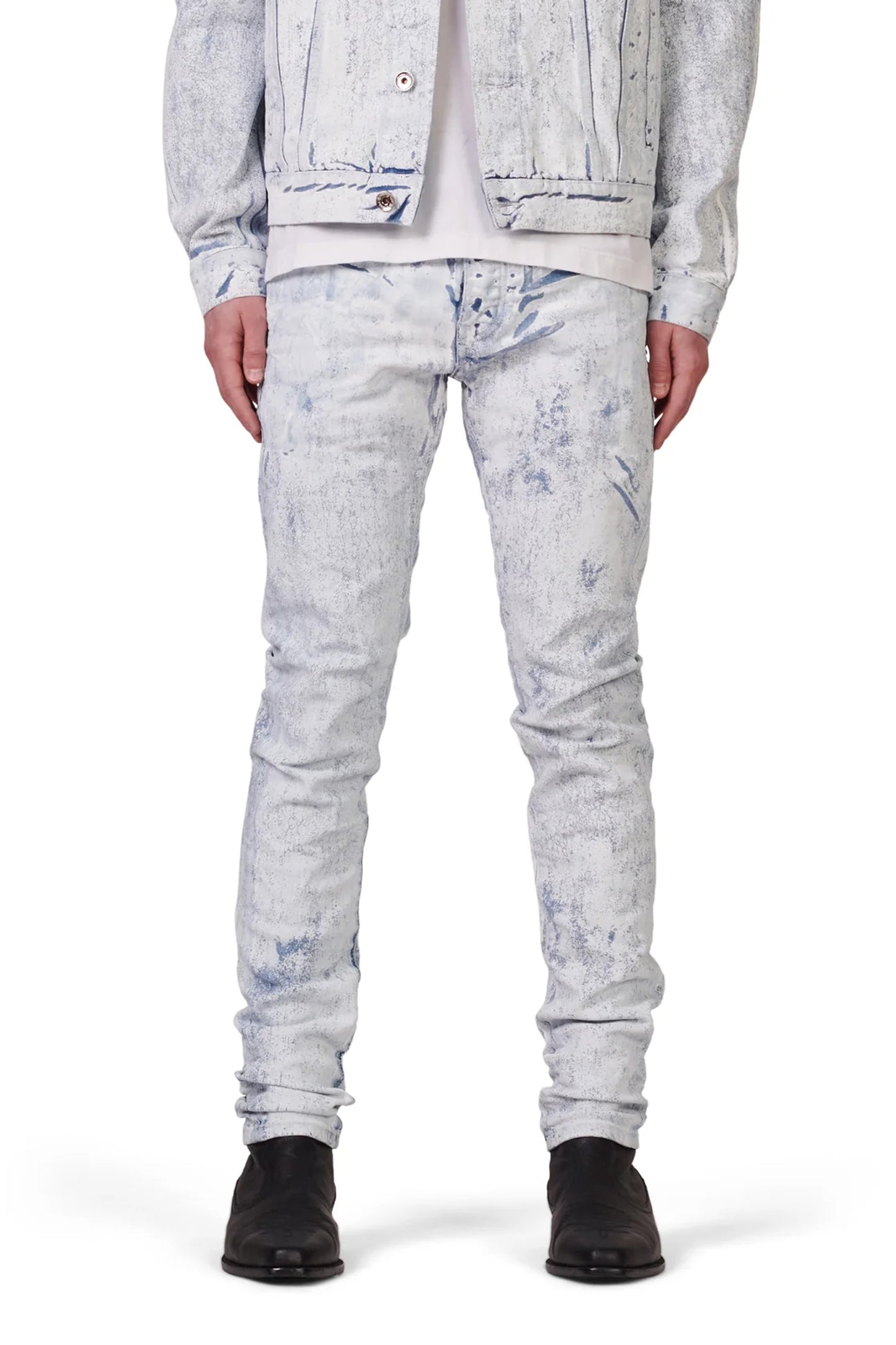 P001 LOW RISE SKINNY JEAN - Cracked White Over Light Indigo