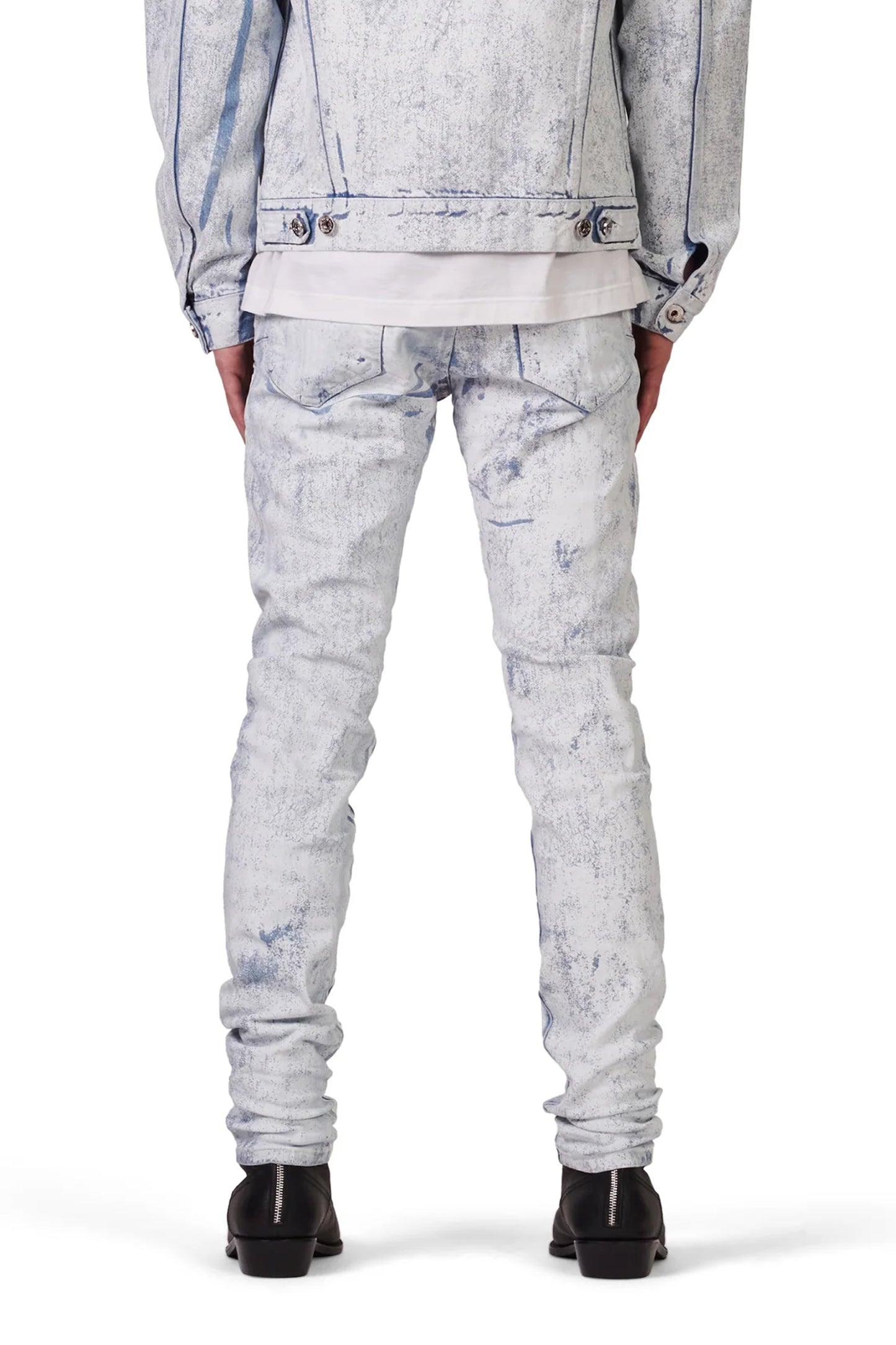 P001 LOW RISE SKINNY JEAN - Cracked White Over Light Indigo