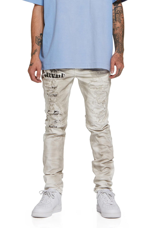 P001 LOW RISE SKINNY JEAN - Dirty White Destroy Jersey Knit Repair